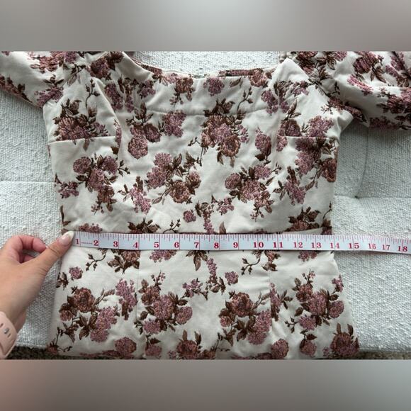 Aqua Brocade Puff Sleeve Pink Floral Dress Size Small - Picture 7 of 9